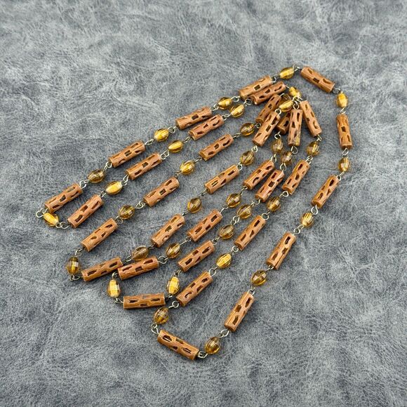 Carved Celluloid Brown Beads Necklace Faux Wood Early Plastic Art Deco VTG 26" - Picture 8 of 12